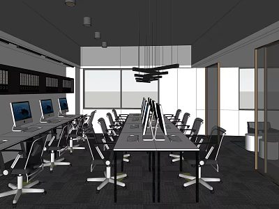 Public Office Area Featuring Long Tables Multiple Computers Ergonomic Chairs And Hanging Lights 3d model