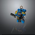 Blue Warrior Figure With Yellow Shoulder Armor And Halo Head Dual Guns And Skull Decoration