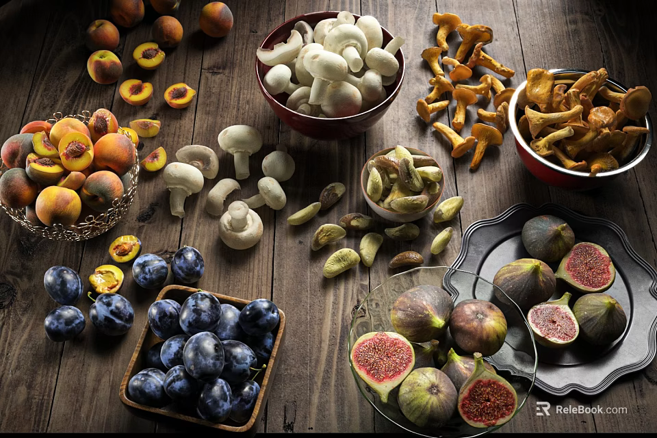 Variety Of Fresh Fruits Apricots Plums Figs On Wooden Table 3d model 