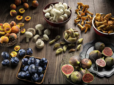 Variety Of Fresh Fruits Apricots Plums Figs On Wooden Table 3d model