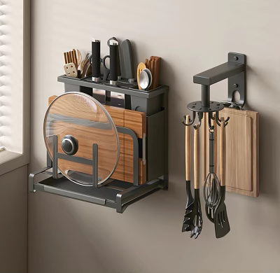 Modern Kitchen Utensils Storage With Wall Mounted Rack Spatulas Knives Cutting Board And Pan 3d model