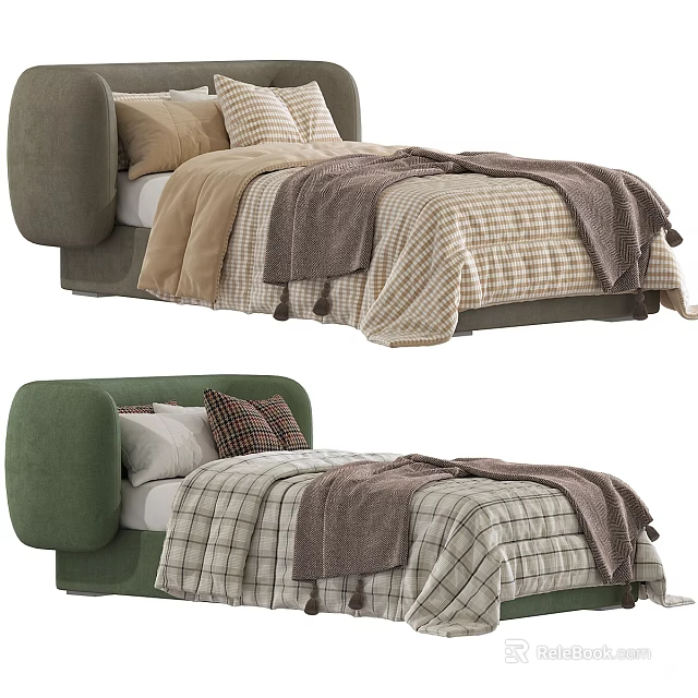 Gray and Green Single Bed Design With Plaid Blanket and Pillows 3d model 