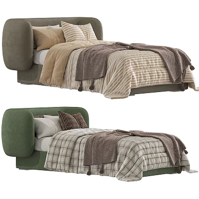 Gray and Green Single Bed Design With Plaid Blanket and Pillows 3d model