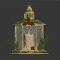 Decorative Golden Lantern with Metal Frame Christmas Pine Branches Red Berries Gift Box and Candle