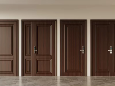 Dark Brown Wooden Doors With Different Panel Designs And Metal Handles In Interior Space 3d model