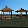 Garden Landscape With Two Wooden Pavilions Green Lawn And Trees Under Blue Sky