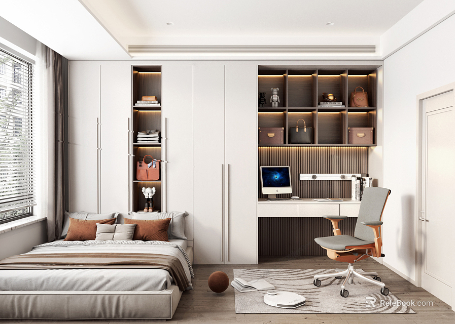 Tatami Bedroom Interior Design With White Wardrobe Bookshelf Desk Computer Chair And Window Blinds 3d model 
