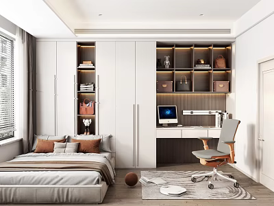 Tatami Bedroom Interior Design With White Wardrobe Bookshelf Desk Computer Chair And Window Blinds 3d model