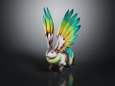 Fantasy Winged Rabbit With Green Yellow Feathers And Colorful Collar Sculpture 3d model