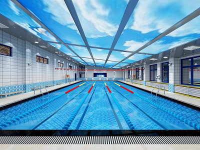 Indoor Swimming Pool With Blue Ceiling Cloud Patterns White Tile Walls And Lane Lines 3d model