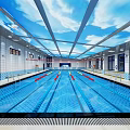 Indoor Swimming Pool With Blue Ceiling Cloud Patterns White Tile Walls And Lane Lines
