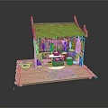 Traditional Thatched Roof Hut On Wooden Platform With Earthen Jars And Hanging Decorations