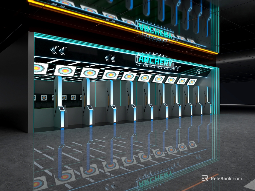 Futuristic Shooting Range Interior With Multiple Booths Screens And Modern Lighting 3d model 