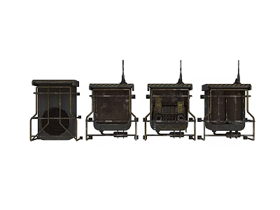 Four Industrial Mobile Equipment Units With Antenna Metal Frames And Wheels 3d model