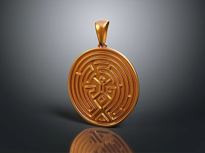 Golden Circular Pendant Featuring Intricate Maze Pattern Symbol Design And Reflective Surface 3d model