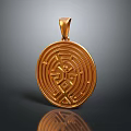 Golden Circular Pendant Featuring Intricate Maze Pattern Symbol Design And Reflective Surface 3d model