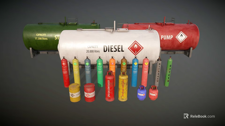 White Diesel Tank Truck With Colorful Gas Cylinders And Storage Containers 3d model 
