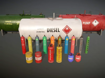 White Diesel Tank Truck With Colorful Gas Cylinders And Storage Containers 3d model