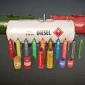 White Diesel Tank Truck With Colorful Gas Cylinders And Storage Containers