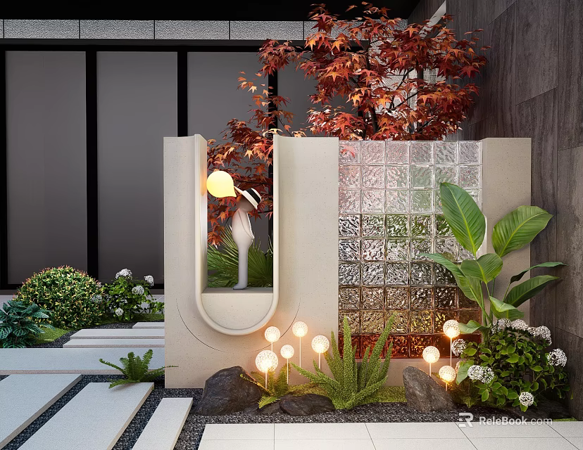 Modern Landscape Wall Design With Glass Water Feature Lush Plants And Accent Lighting 3d model 