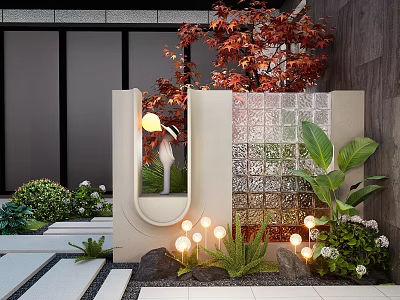 Modern Landscape Wall Design With Glass Water Feature Lush Plants And Accent Lighting 3d model