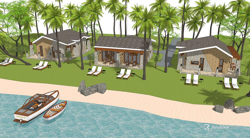 Beachfront Villas Surrounded by Palm Trees with Sun Loungers Boats and Ocean View 3d model 