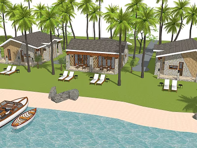 Beachfront Villas Surrounded by Palm Trees with Sun Loungers Boats and Ocean View 3d model