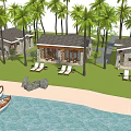 Beachfront Villas Surrounded by Palm Trees with Sun Loungers Boats and Ocean View