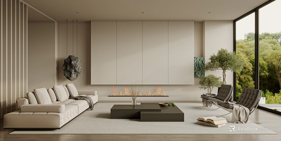 Modern Living Room Interior With White Sofa Black Coffee Table Fireplace And Green Plants 3d model 