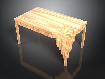 Light Colored Wooden Table With Unique Block Like Corner Design And Reflective Surface 3d model