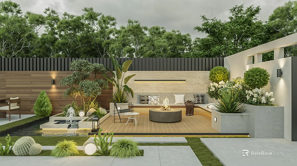 Tranquil Courtyard Garden With Wooden Deck Round Seating Area Plants Green Trees And Water Feature 3d model 