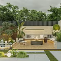 Tranquil Courtyard Garden With Wooden Deck Round Seating Area Plants Green Trees And Water Feature