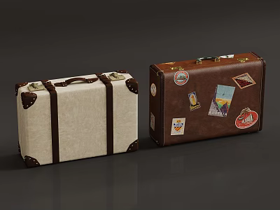Two Vintage Suitcases White With Brown Straps And Brown With Travel Stickers 3d model