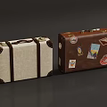 Two Vintage Suitcases White With Brown Straps And Brown With Travel Stickers