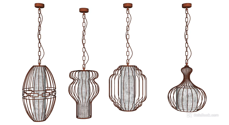 Various Designed Metal Frame Chandeliers With Hanging Chains And Unique Shapes 3d model 