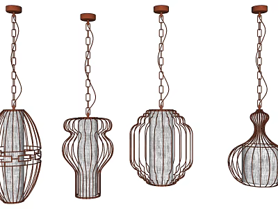 Various Designed Metal Frame Chandeliers With Hanging Chains And Unique Shapes 3d model