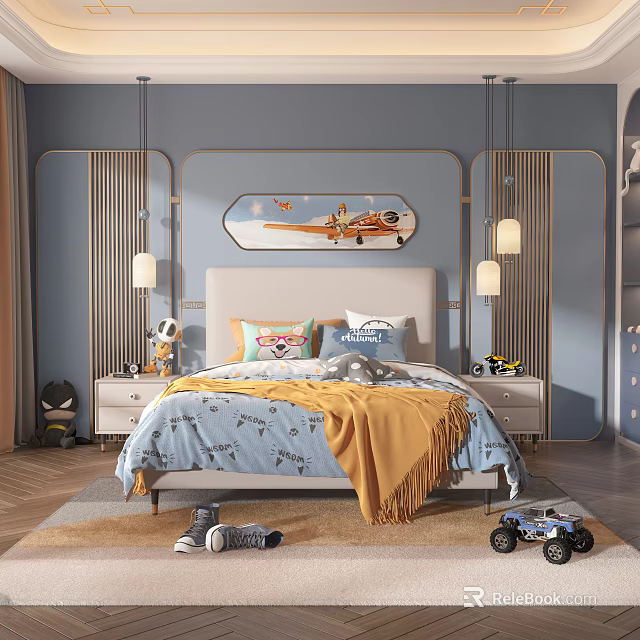 Blue Toned Kids Bedroom With Airplane Decor Toys And Cozy Bedding 3d model 