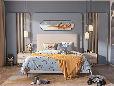 Blue Toned Kids Bedroom With Airplane Decor Toys And Cozy Bedding 3d model