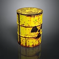 Rusty Yellow Radioactive Barrel With Radiation Warning Symbol On Dark Surface