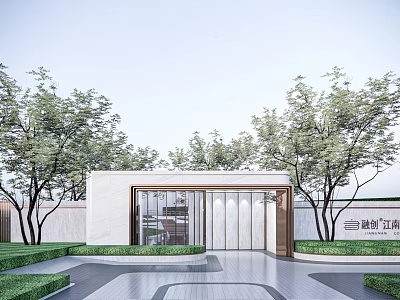 Modern Entrance Gate Design With Glass Panels Stone Facade And Lush Green Lawns 3d model