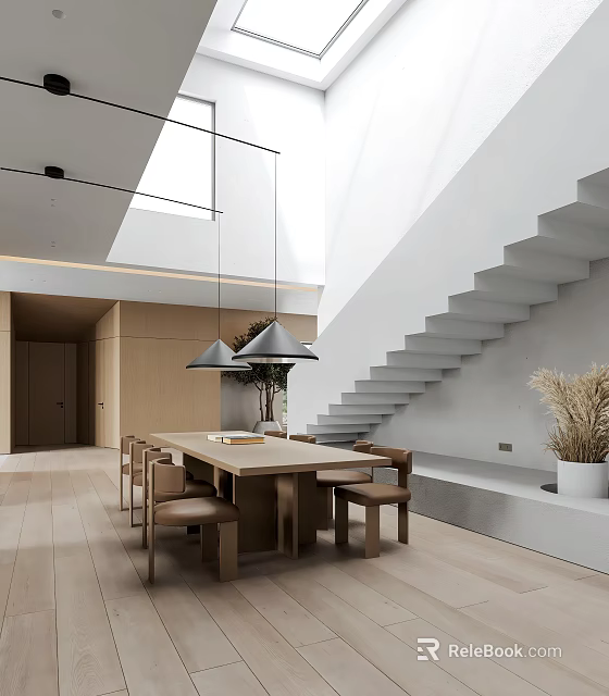 Modern Restaurant Interior With Wooden Dining Table Chairs Pendant Lights And Staircase 3d model 