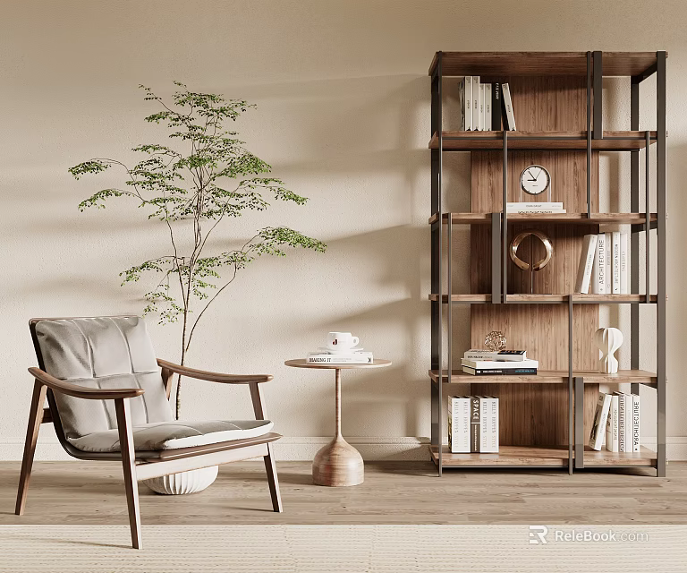 Modern Accent Chair With Wooden Frame And Gray Cushion By Side Table And Bookshelf 3d model 