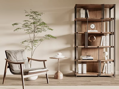 Modern Accent Chair With Wooden Frame And Gray Cushion By Side Table And Bookshelf 3d model