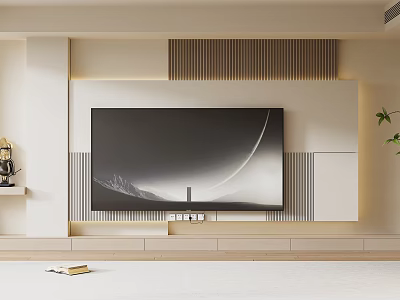 Modern Minimalist TV Background Wall with Wooden Slats LED Lighting White Beige and TV Cabinet 3d model
