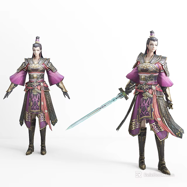 Ancient Style Game Movie Character in Ornate Purple Gold Armor Holding Sword with Decorative Patterns 3d model 