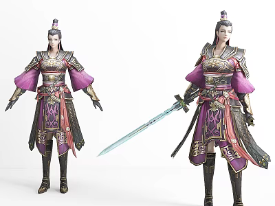 Ancient Style Game Movie Character in Ornate Purple Gold Armor Holding Sword with Decorative Patterns 3d model