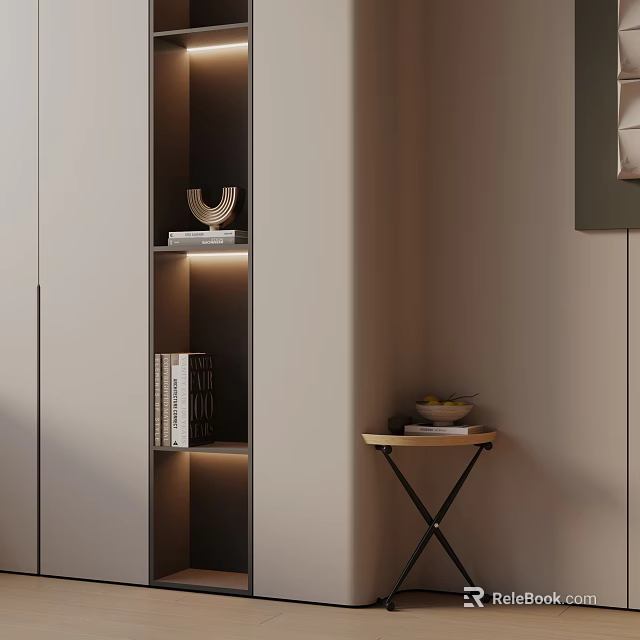 Modern Side Table with Books and Fruit Bowl Next to Illuminated Wall Shelf 3d model 