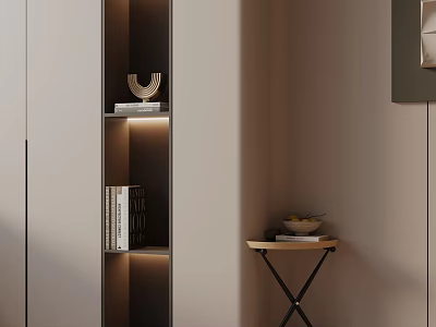 Modern Side Table with Books and Fruit Bowl Next to Illuminated Wall Shelf 3d model