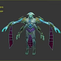 Futuristic Mythical Creature With Silver Armor Golden Details Glowing Blue Accents And Purple Sashes