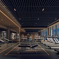 Modern Gym Interior With Treadmills Weight Machines Large Windows And Striped Ceiling